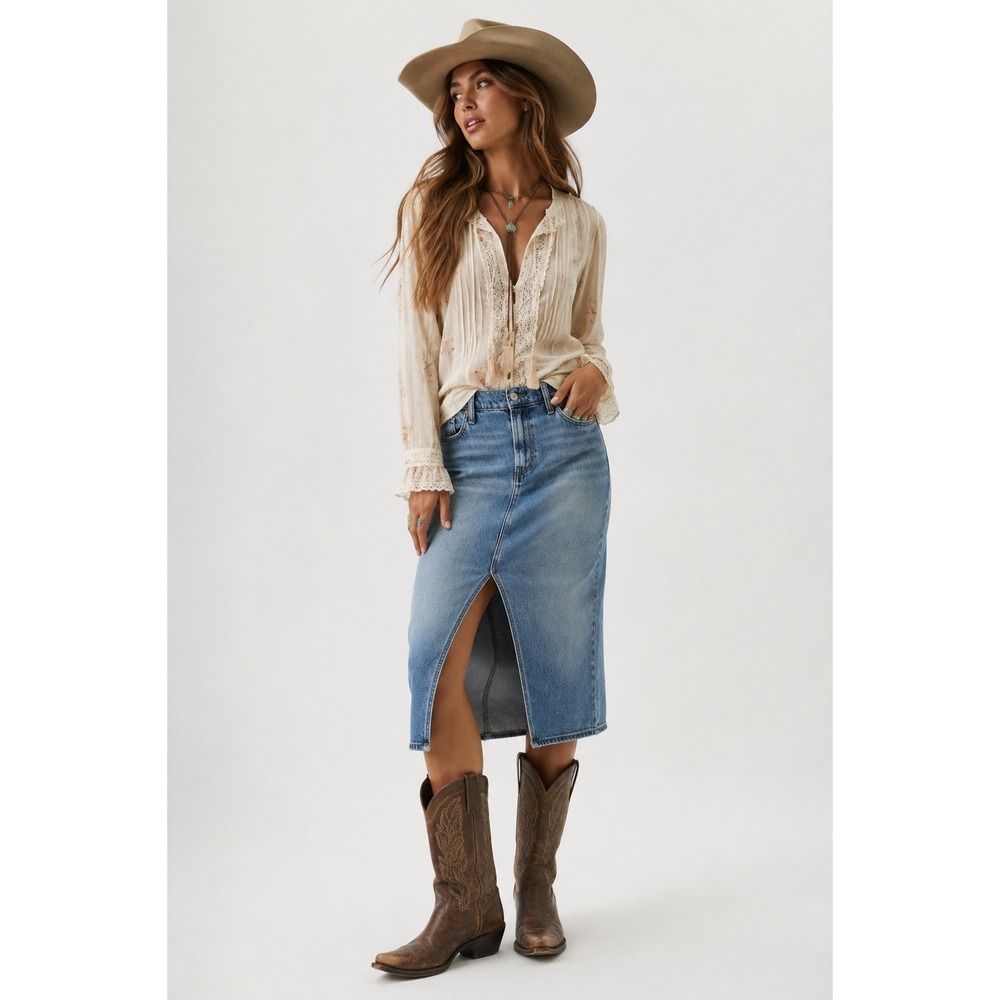 Old Navy Denim Column Slit‎ Skirt 6 Blue Mid Rise Midi Boho Coastal Minimalist